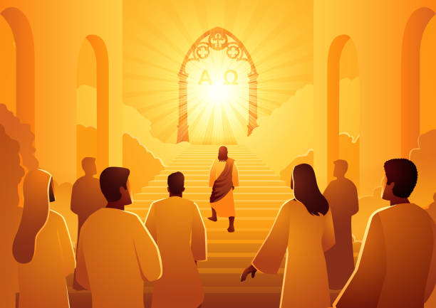 Biblical silhouette illustration series, Jesus leads the group of followers to the heaven gate