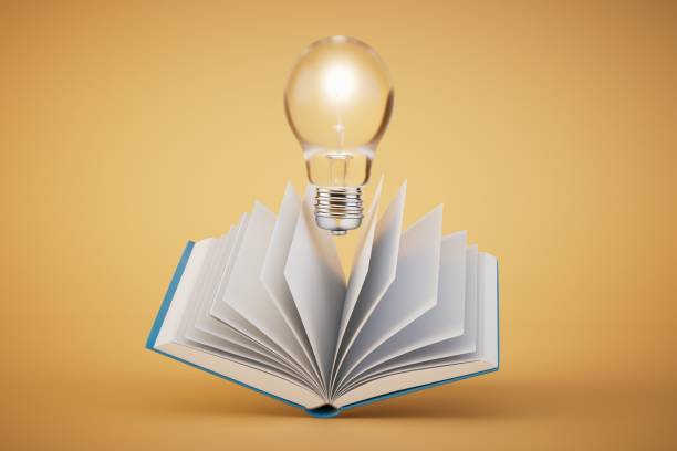 the concept of idea generation. an open book and a burning light bulb on a pastel background. 3D render.